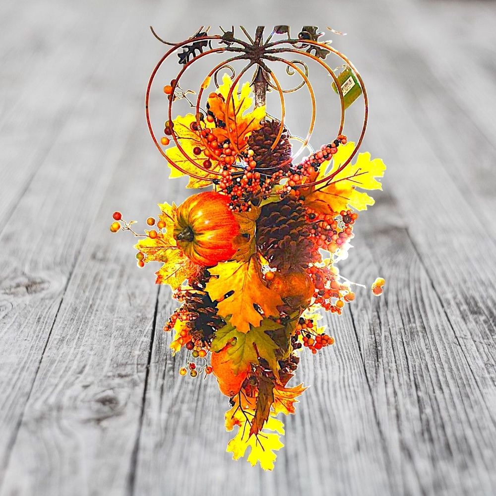 Fall Autumn Hanging Door Wreath w/Pumpkins Fruits Floral Metal Pumpkin Topper
